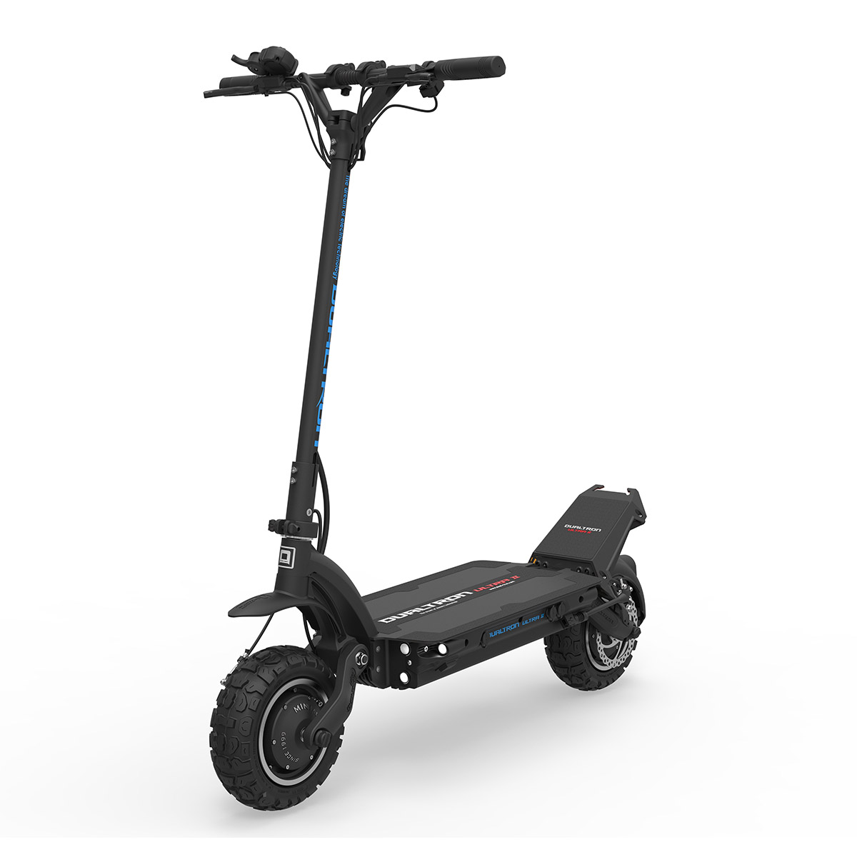 Dualtron Ultra 2 electric scooter front and side view on a white background, highlighting the rugged frame and all-terrain tires.