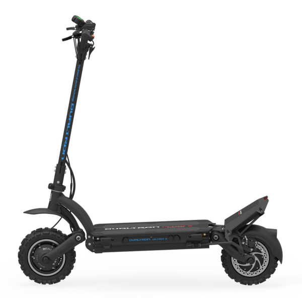 Left side view of the Dualtron Ultra 2 electric scooter, displaying the full frame, motor system, and suspension for off-road performance.