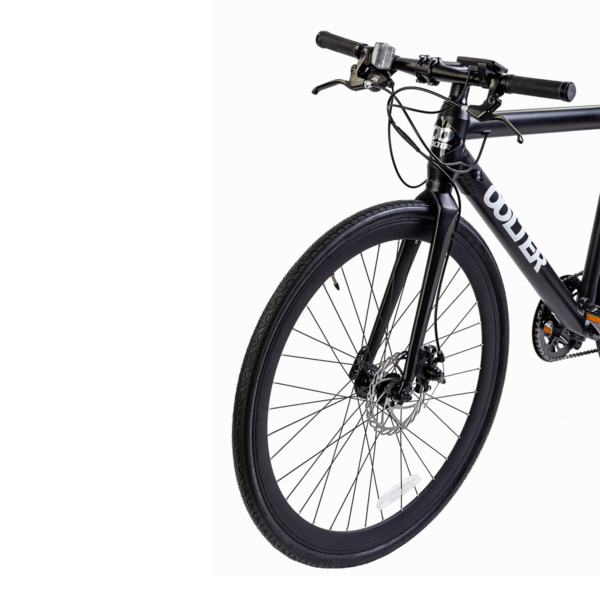Front wheel of the Oolter Torm black electric bicycle with disc brakes and city tire tread.
