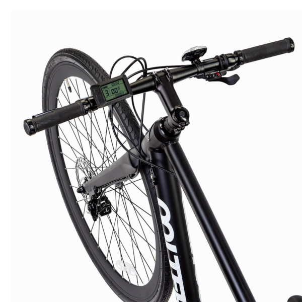 Black handlebar of Oolter Torm e-bike with digital speedometer and minimalist brake controls.
