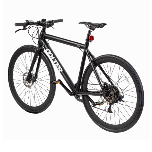Rear side view of the Oolter Torm black e-bike, highlighting sporty design and dual disc brakes.