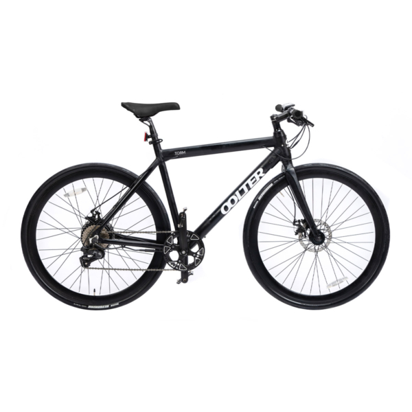 Side view of the black Oolter Torm electric bicycle featuring a lightweight frame, disc brakes, and road tires.