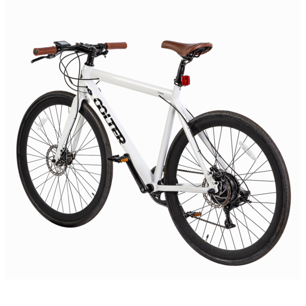 Rear and side view of Oolter Torm white electric bicycle, showing sleek frame and gear system.