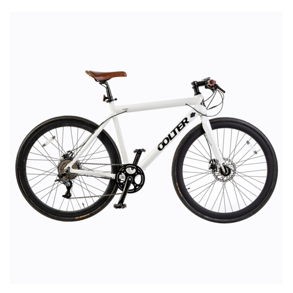 Side profile of the white Oolter Torm electric bicycle with brown saddle, slim design, and front and rear disc brakes.