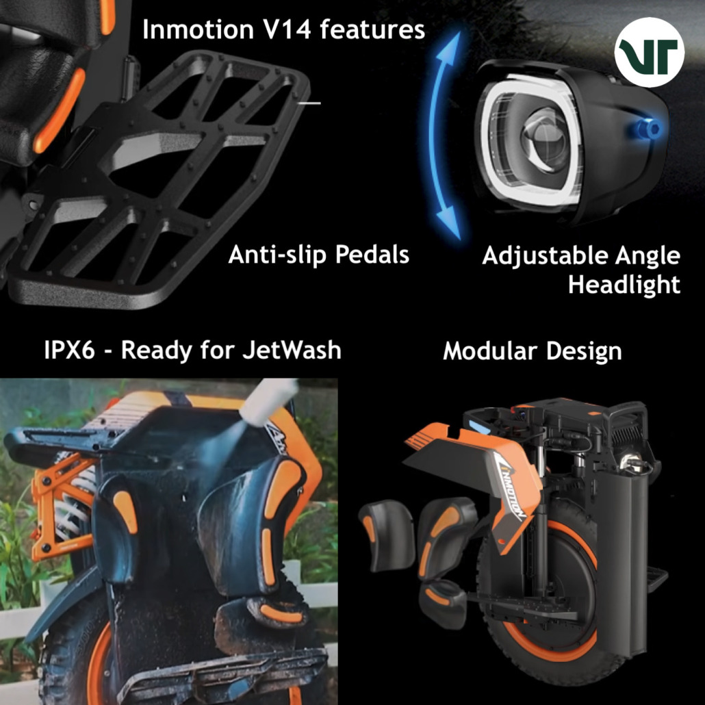 Inmotion V14 features IPX6 modular adjustable headlight spiked pedals