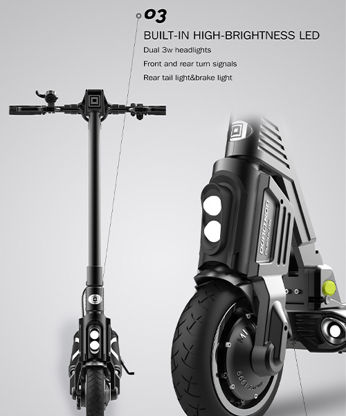 Front view of the Dualtron Popular electric scooter highlighting its built-in high-brightness LED lighting system, featuring dual 3W headlights, front and rear turn signals, and a rear tail and brake light.