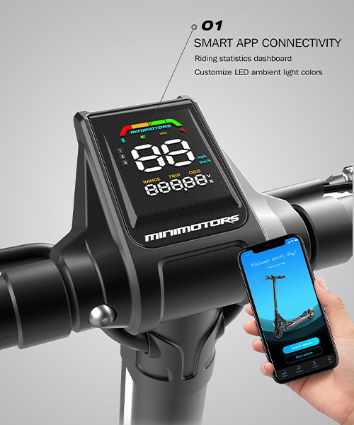 Close-up of the Dualtron Popular electric scooter’s digital dashboard with a color display showing speed, range, and trip data. A hand holding a smartphone displaying a connected app interface.