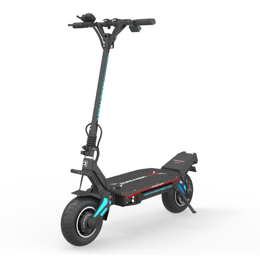 Left-front view of Dualtron Storm LTD electric scooter displaying sleek design and lighting setup