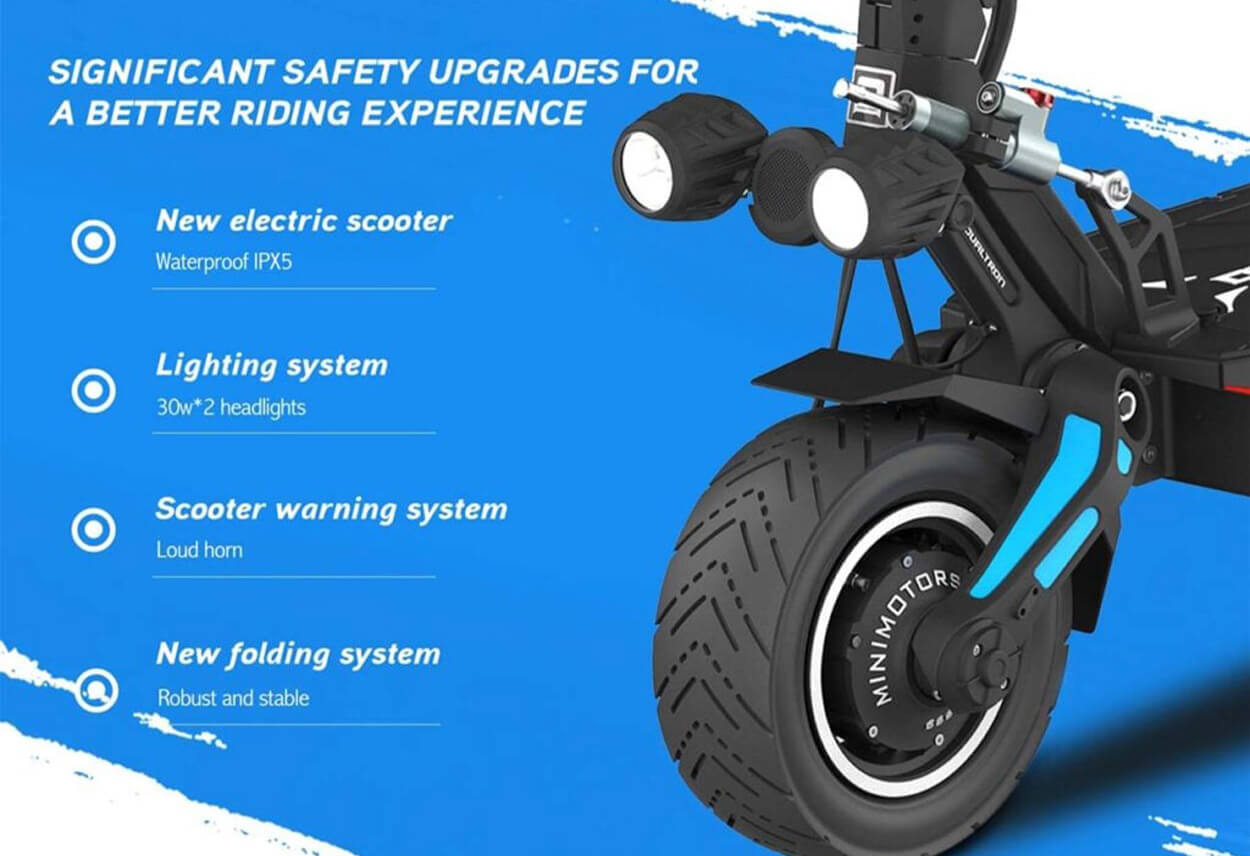 Safety features of Dualtron Storm LTD electric scooter including LED lighting and braking system