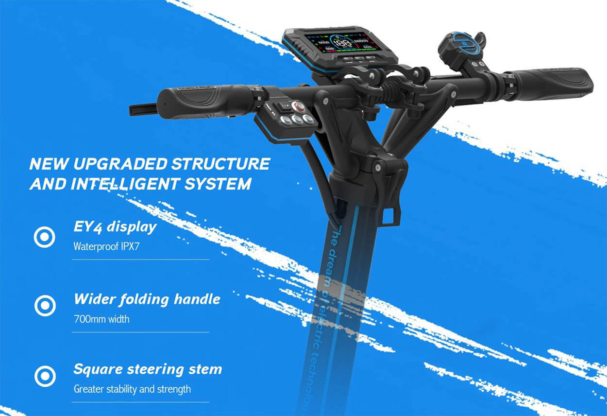 Structural details of Dualtron Storm LTD electric scooter with reinforced frame and suspension
