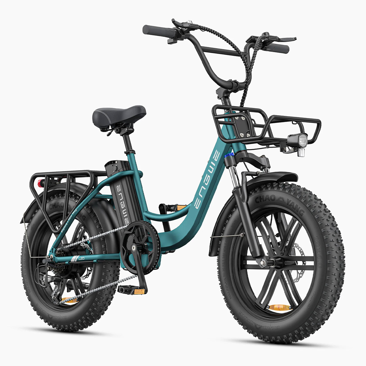 Electric bike L20 Boost in green, front-side view showcasing front suspension and frame design