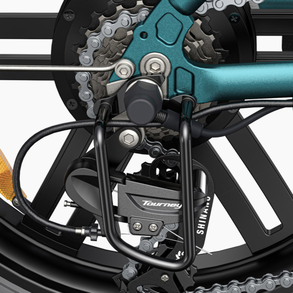 Close-up of green L20 Boost electric bike's gear system and derailleur