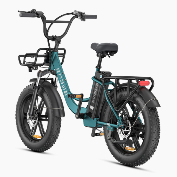 Rear view of L20 Boost electric bike in green, highlighting back rack, taillight, and drivetrain