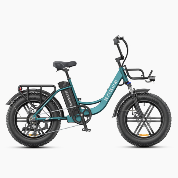 Full right-side profile of L20 Boost green electric bike showing battery, motor, and step-through frame