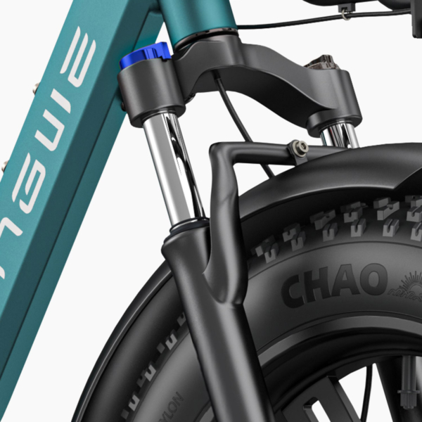 Close-up of L20 Boost electric bike’s suspension fork, illustrating shock absorption system
