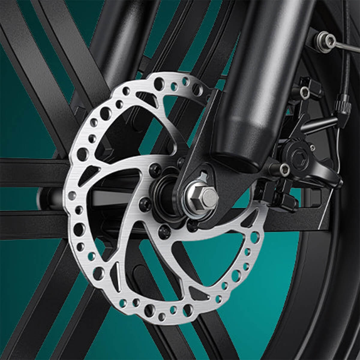 Close-up image of Electric bike engwe l20 boost mechanical brakes.