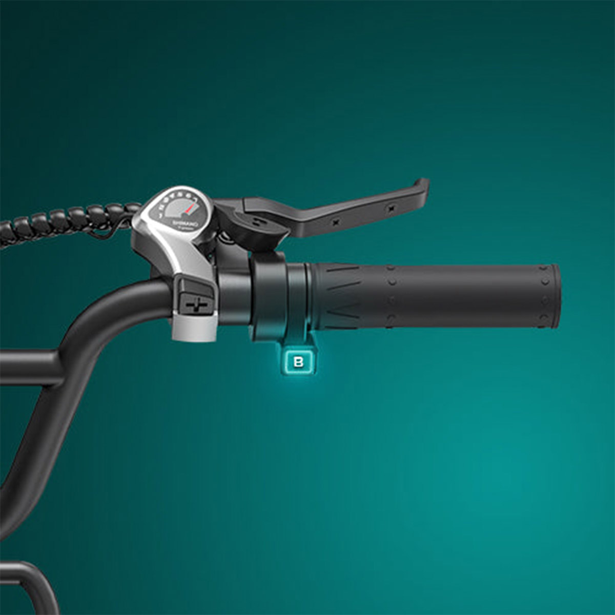 Close-up image of Electric bike engwe l20 boost button on the handlebar on the right side.