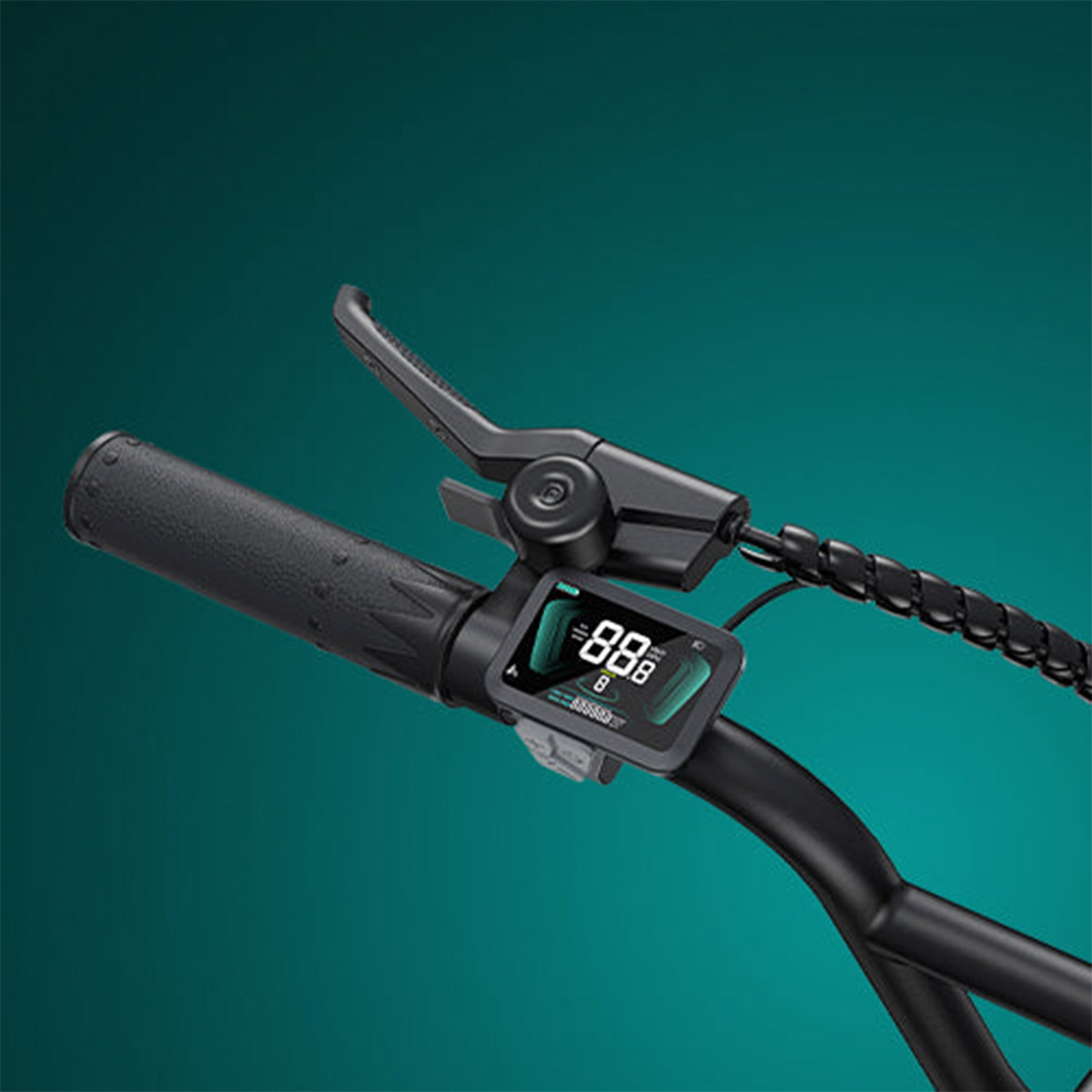 Close-up image of Electric bike engwe l20 boost left side of handlebar showing a display.