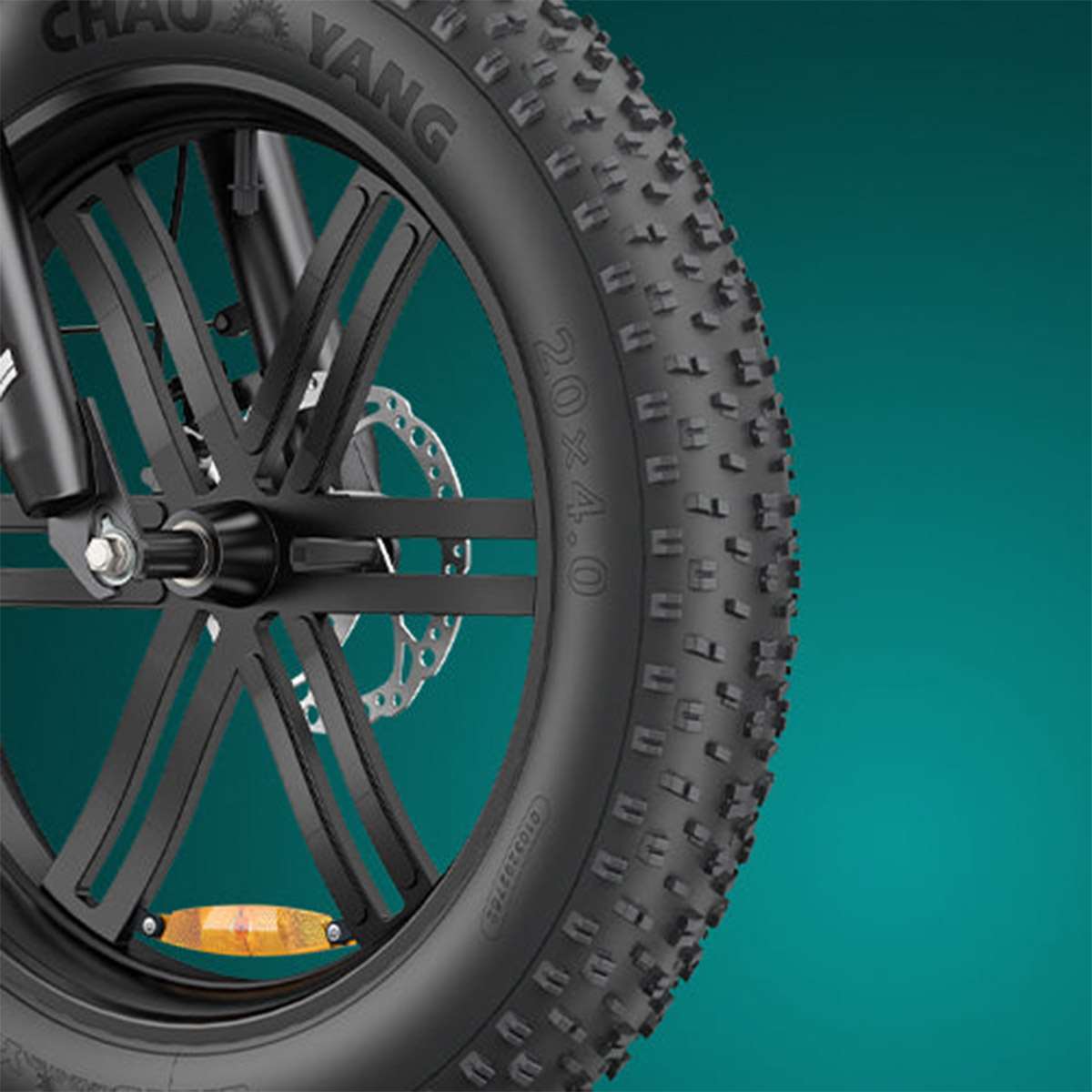 Close-up image of Electric bike engwe l20 boost front fat tire.