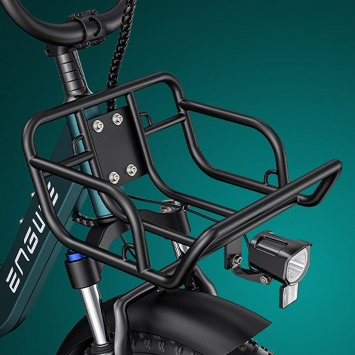 Close-up image of Electric bike engwe l20 boost front basket.