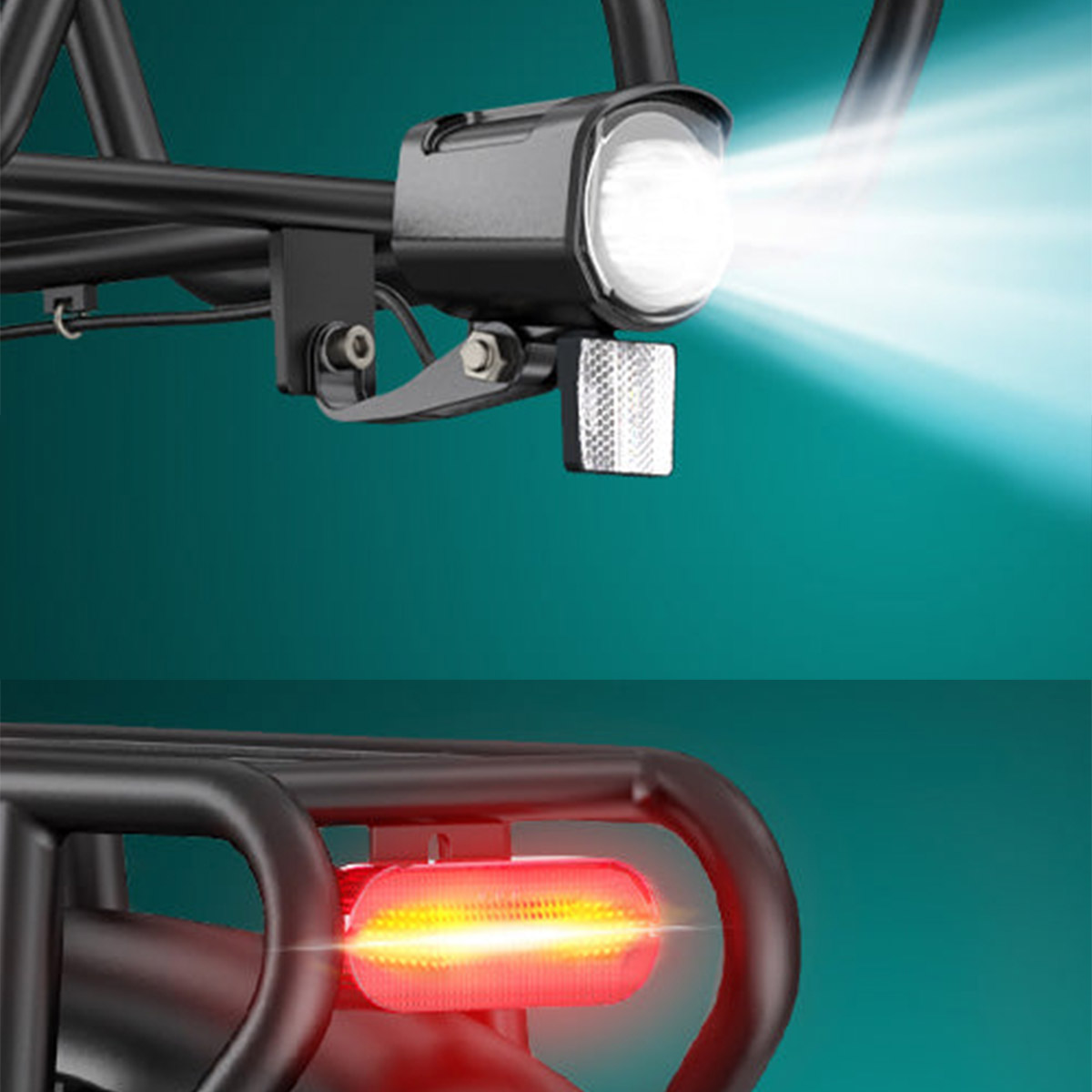 Close-up image of Electric bike engwe l20 boost front and rear lights.