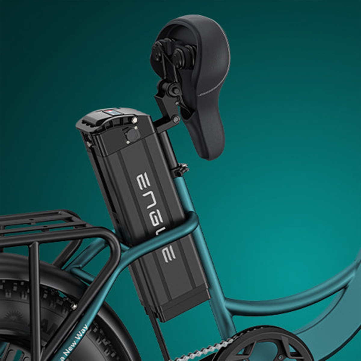 Close-up image of Electric bike engwe l20 boost frame with poerable battery behind the seatpost.