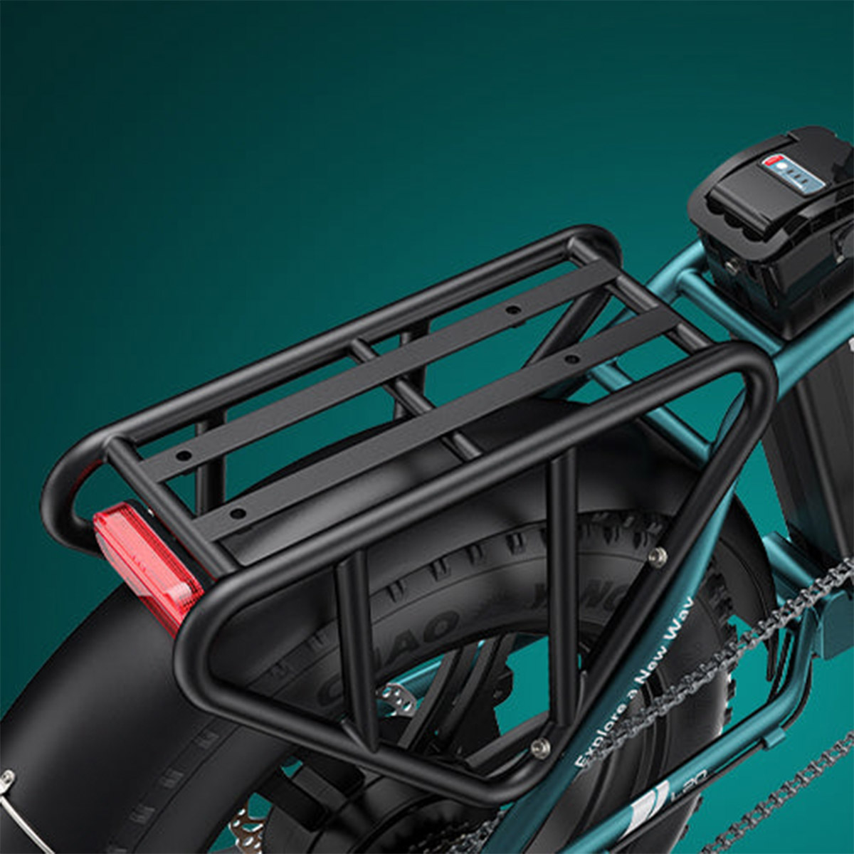 Close-up image of Electric bike engwe l20 boost rear rack.