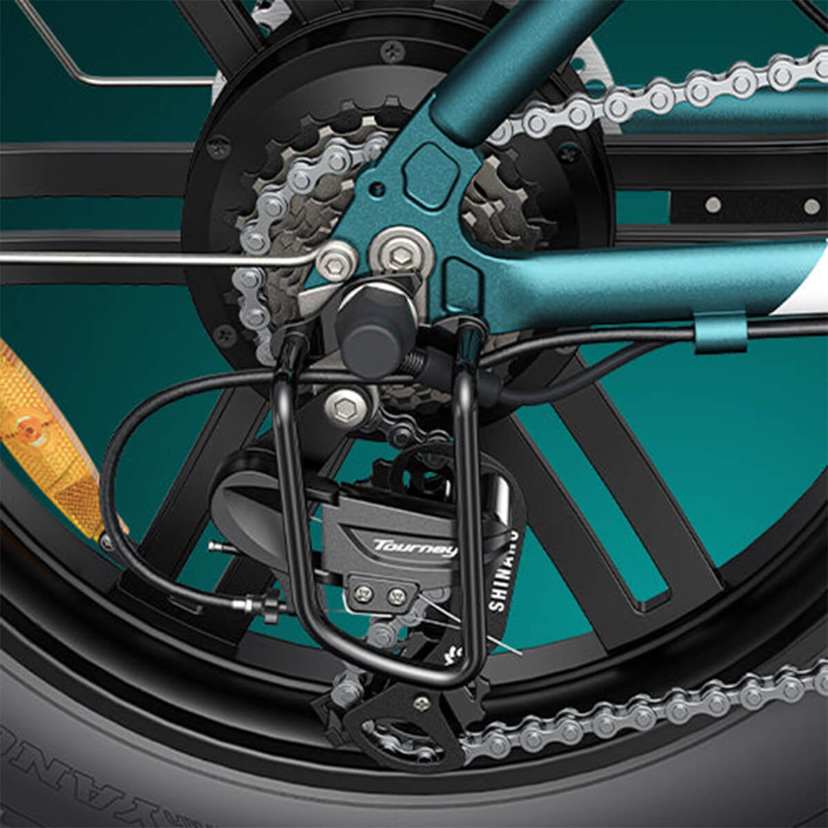 Close-up image of Electric bike engwe l20 boost Shomano 7-speed gear system.