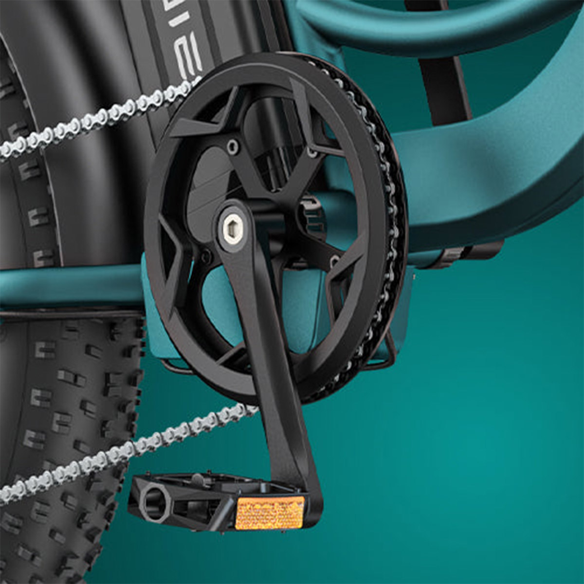 Close-up image of Electric bike engwe l20 boost pedal and torque sensor.