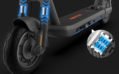 Close-up image of Electric scooter Inmotion S1 front wheel suspension and rear suspension.