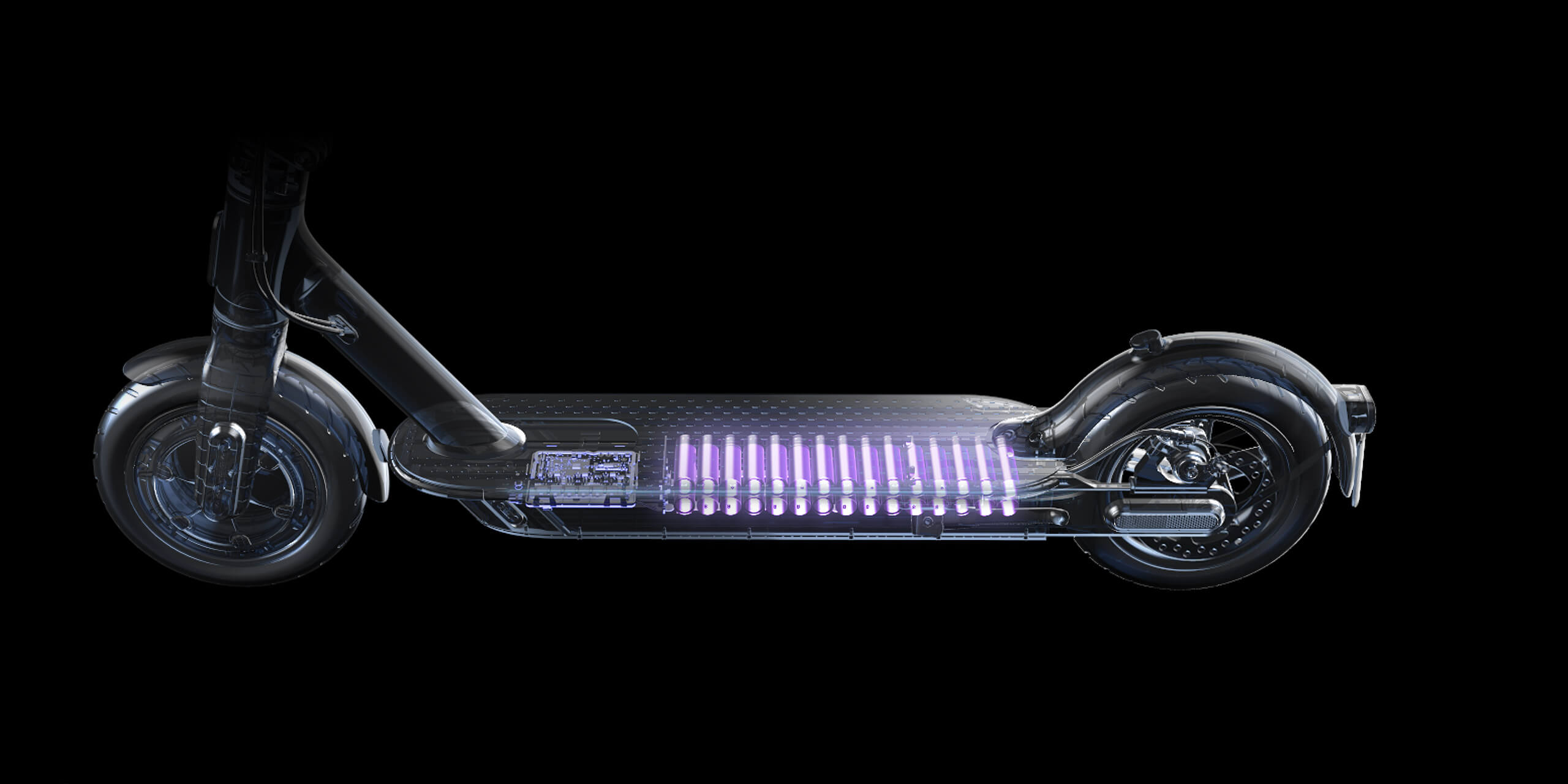Electric scooter Xiaomi S1 battery Xray style image showing Electric scooter Xiaomi S1 battery highlighted in the frame of the scooter on the black background.