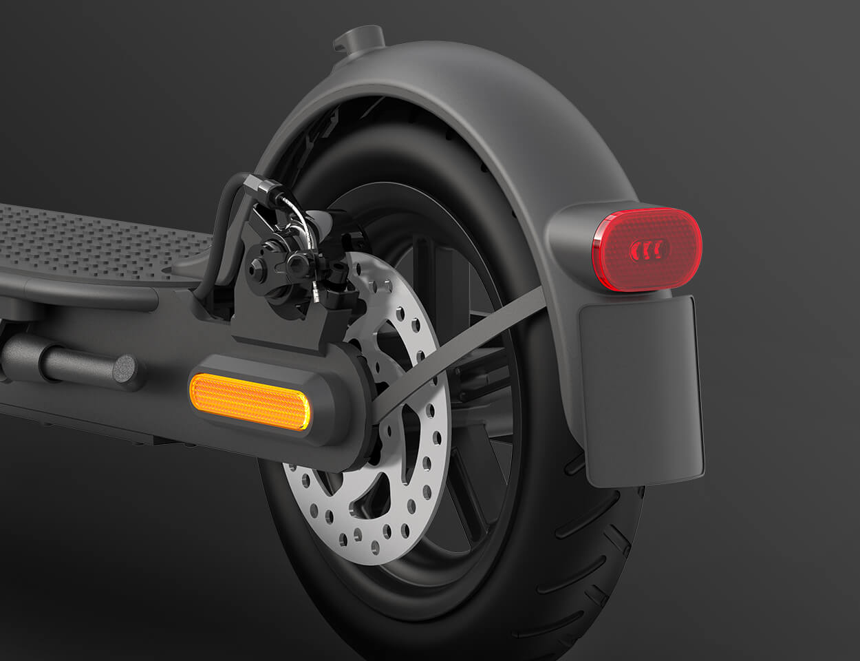 Close-up image of Electric scooter Xiaomi S1 rear wheel and disc brake.