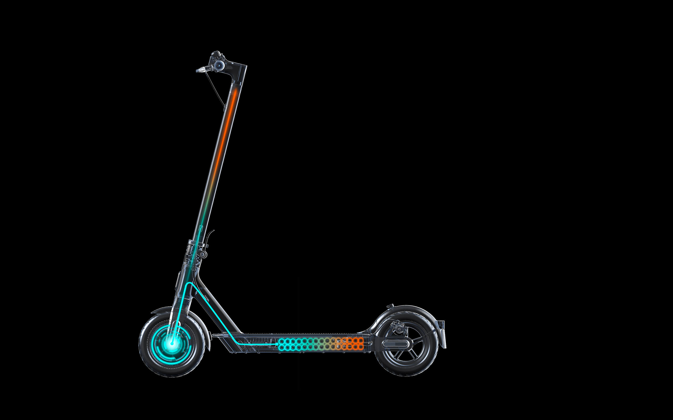 Electric scooter Xiaomi S1 energy recovery Xray style image showing Electric scooter Xiaomi S1 energy recovery system highlighted in the frame of the scooter on the black background.