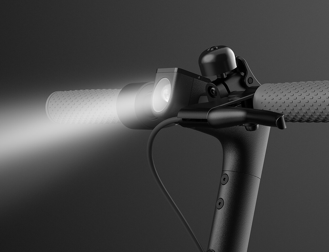 Close-up image of Electric scooter Xiaomi S1 handlebar and fron light shining.