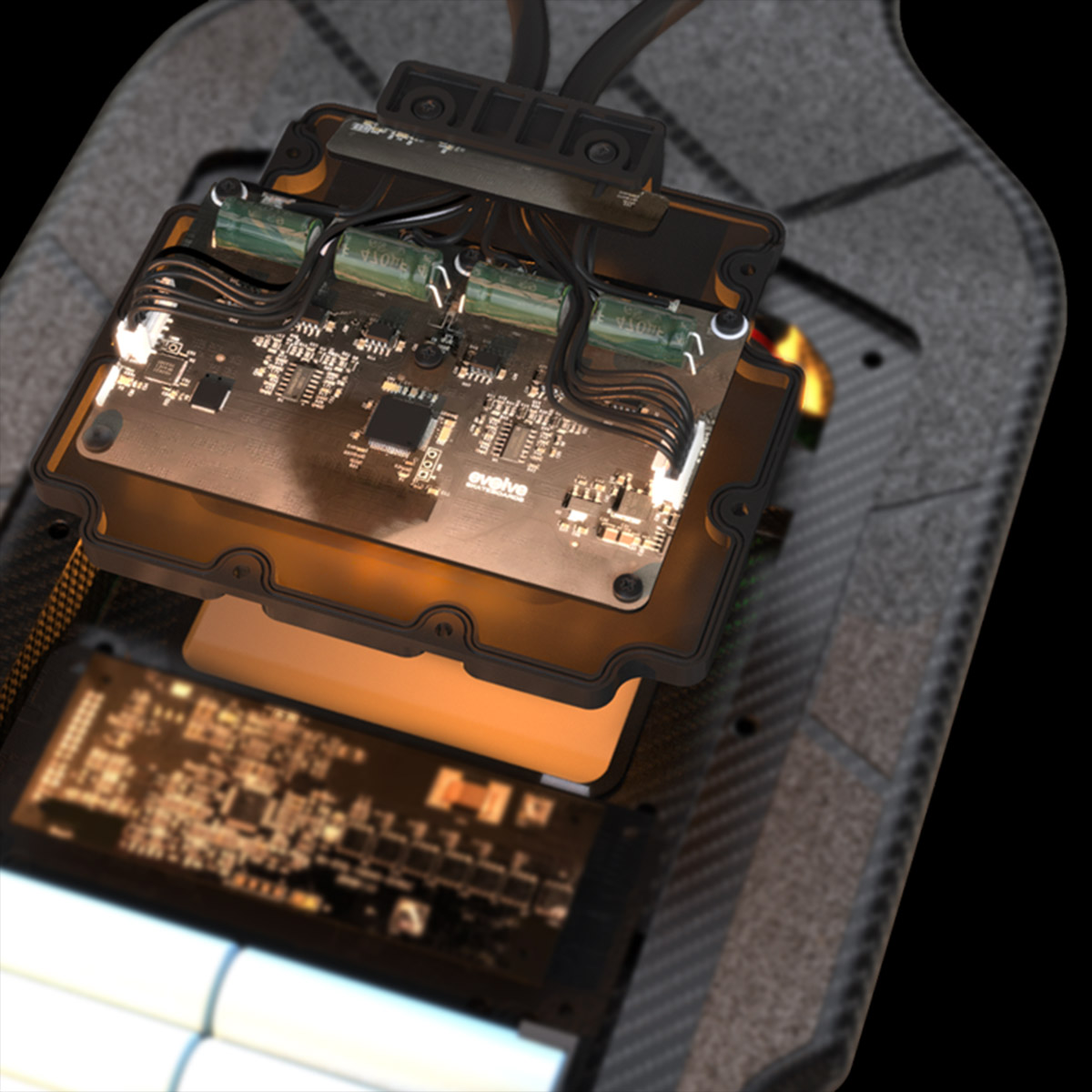 Internal close-up of Evolve Carbon All Terrain electric skateboard FOC motor controller and electronics