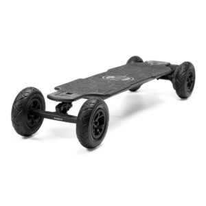 Evolve Carbon All Terrain electric skateboard angled side view with carbon fiber deck and large all-terrain wheels