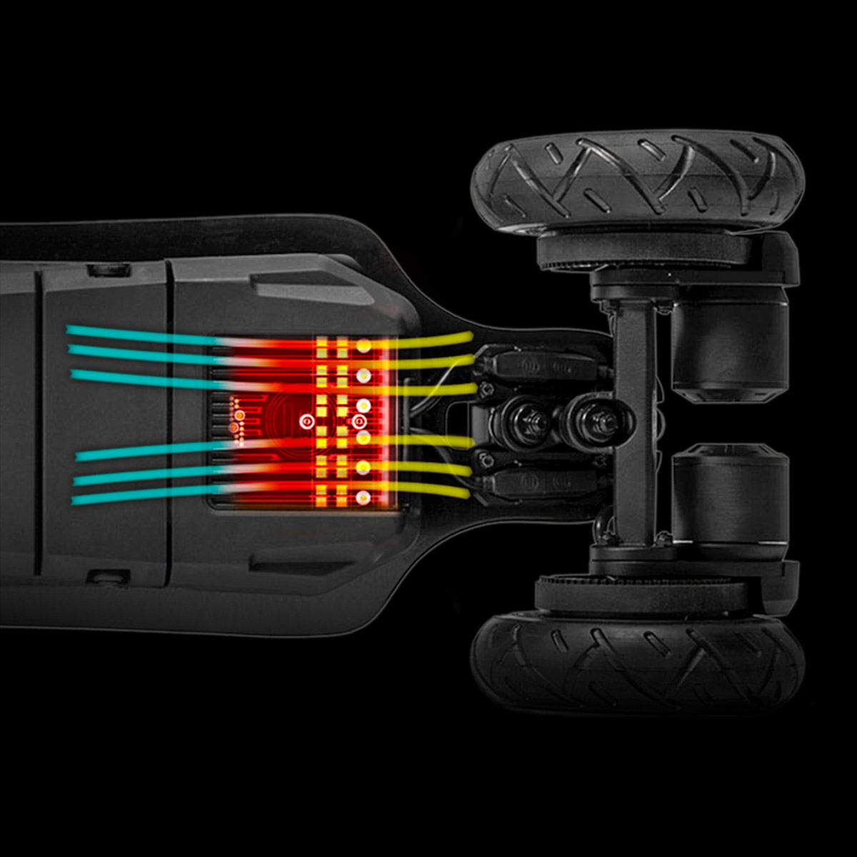 Bottom view of Evolve GTR 2 Bamboo All Terrain electric skateboard showing airflow design and cooling system