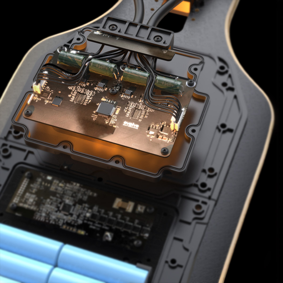 Close-up of Evolve GTR 2 Bamboo All Terrain electric skateboard E-FOC motor controller and electronic components