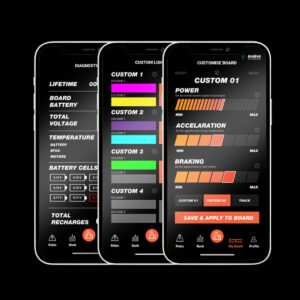 Evolve GTR 2 Bamboo All Terrain electric skateboard app interface showing ride customization, diagnostics, and lighting settings
