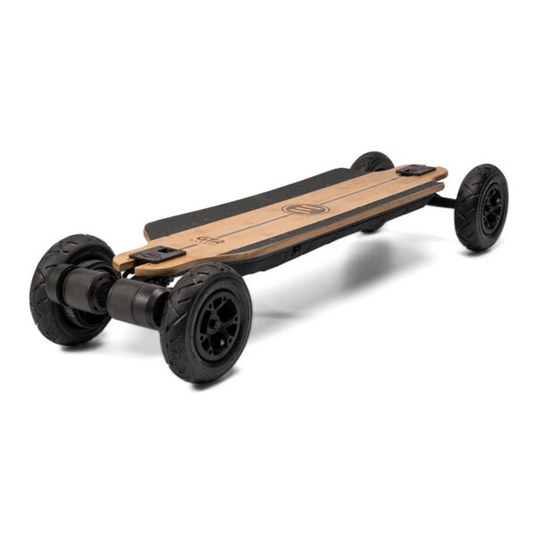 Evolve GTR 2 Bamboo All Terrain electric skateboard side view with all-terrain wheels and bamboo deck