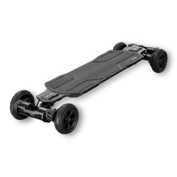 Image of electric skateboard Exway Atlas Carbon 4WD viewed from the front right side.
