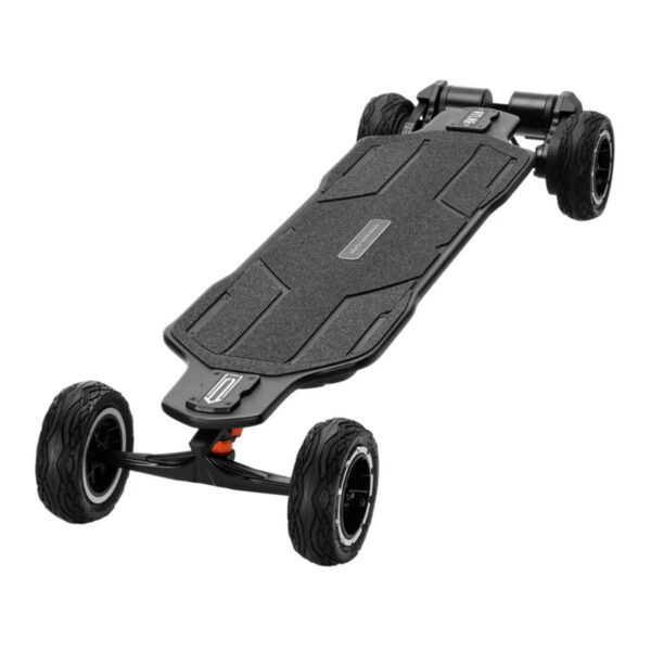 Image of Electric skateboard Exway Atlas Pro 2WD on white background viewed from the front and above.