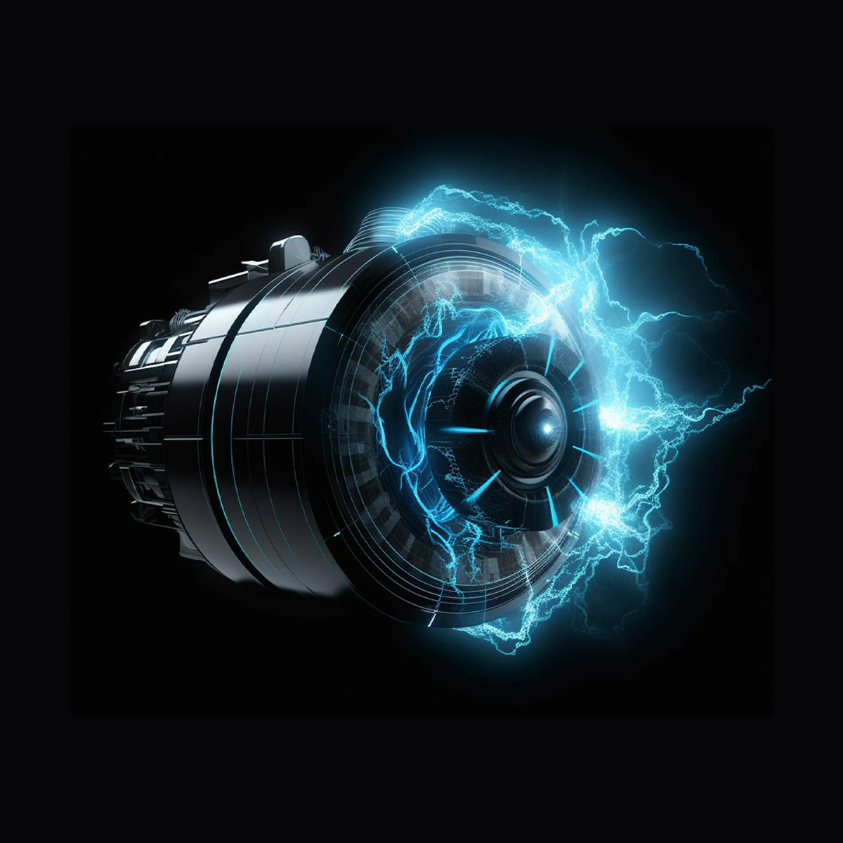 Illustartion of Electric skateboard Exway Ripple motor with blue electric light on black background.