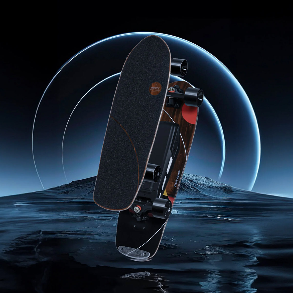 Image of two Exway Ripple Electric skateboards with water and ripples as background.