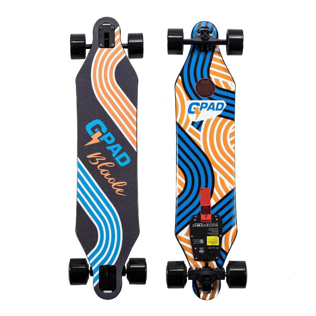 Electric skateboard GPad Blade main product image Image of two GPad Blade Electric skateboards where one is viewed from top and the other one from the bottom.