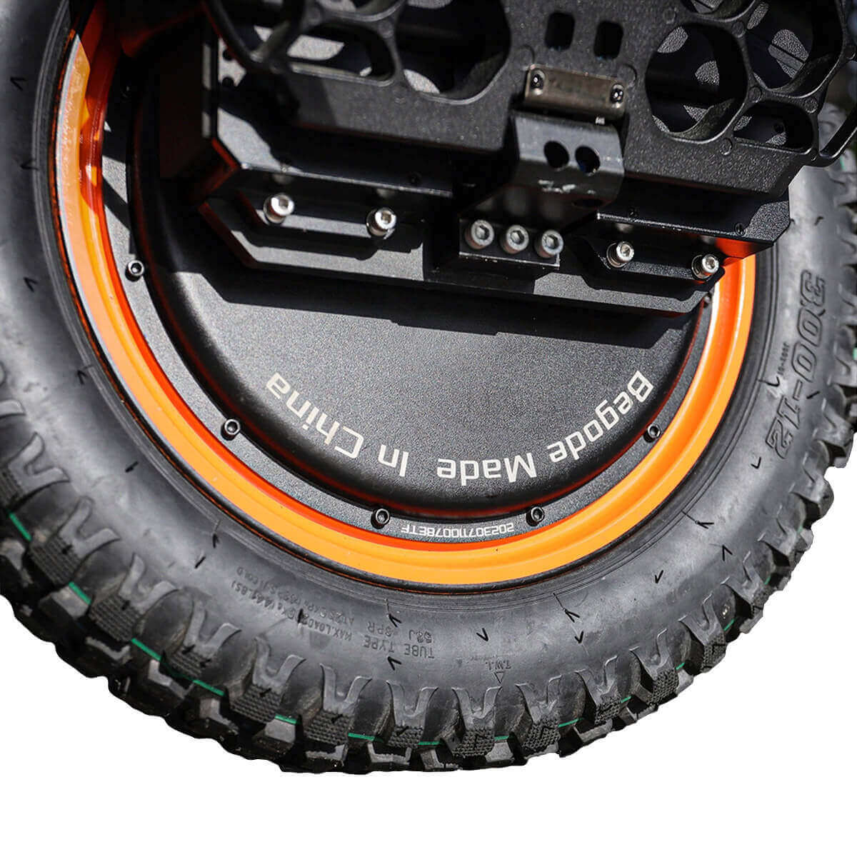Close-up view of electric unicycle begode extreme wheel and C40 high torque motor