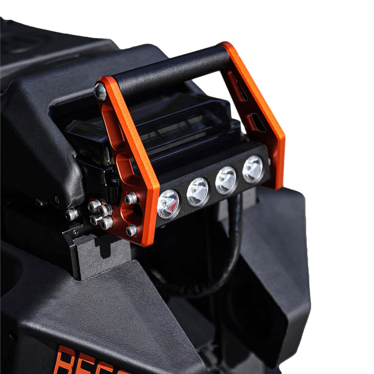 Close-up view of electric unicycle begode extreme headlight and CNC mainbody structure