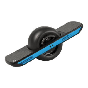 Electric unicycle Onewheel Pint X in side profile with blue rail and black tire, shown on a white background.