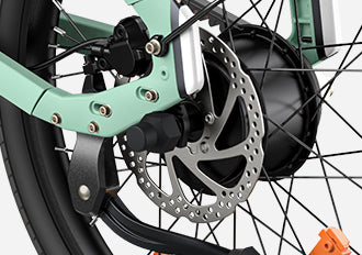 Detailed view of belt drive and rear hub on Engwe P20 mint green electric bike