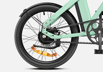 Side view of mint green Engwe P20 electric bike with black seat and battery